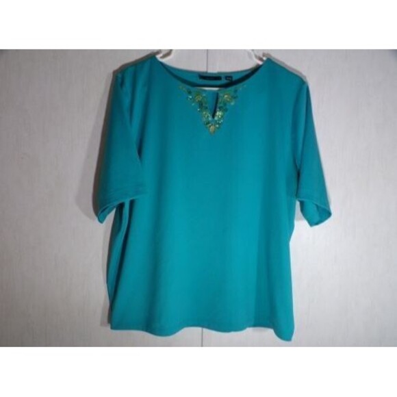 Susan Graver Artisan Womens Pullover Top Short Sleeve XL Turquoise Stretch - Picture 1 of 4